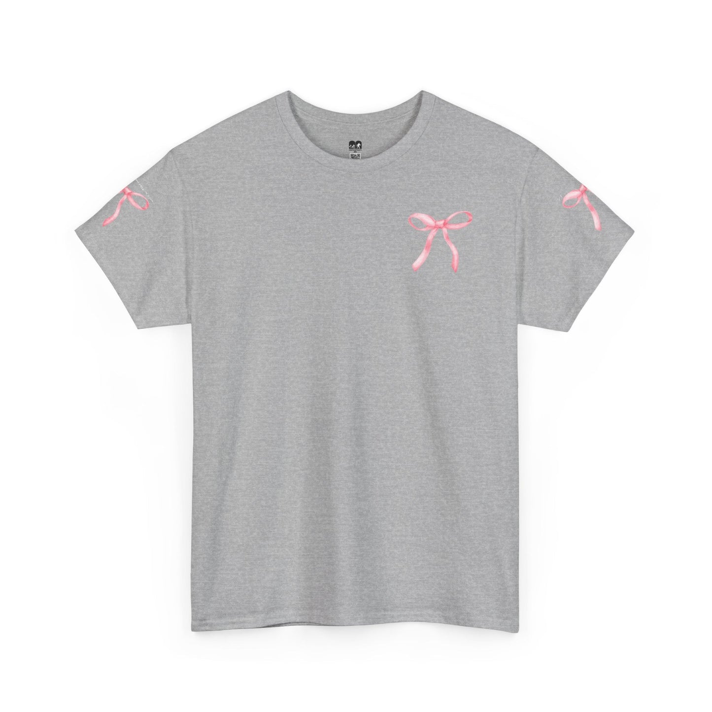 Gray heathered cotton t-shirt featuring delicate pink ribbon motifs on the chest and sleeves.