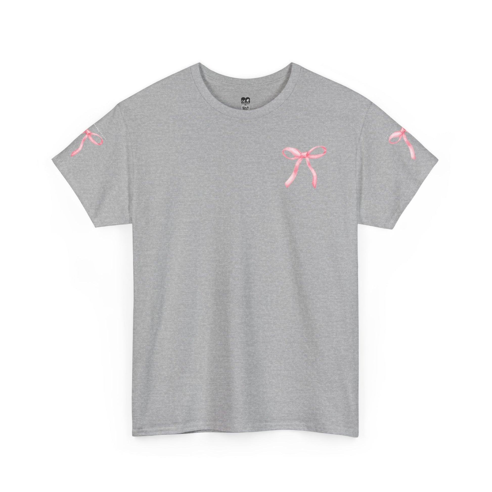 Gray heathered cotton t-shirt featuring delicate pink ribbon motifs on the chest and sleeves.