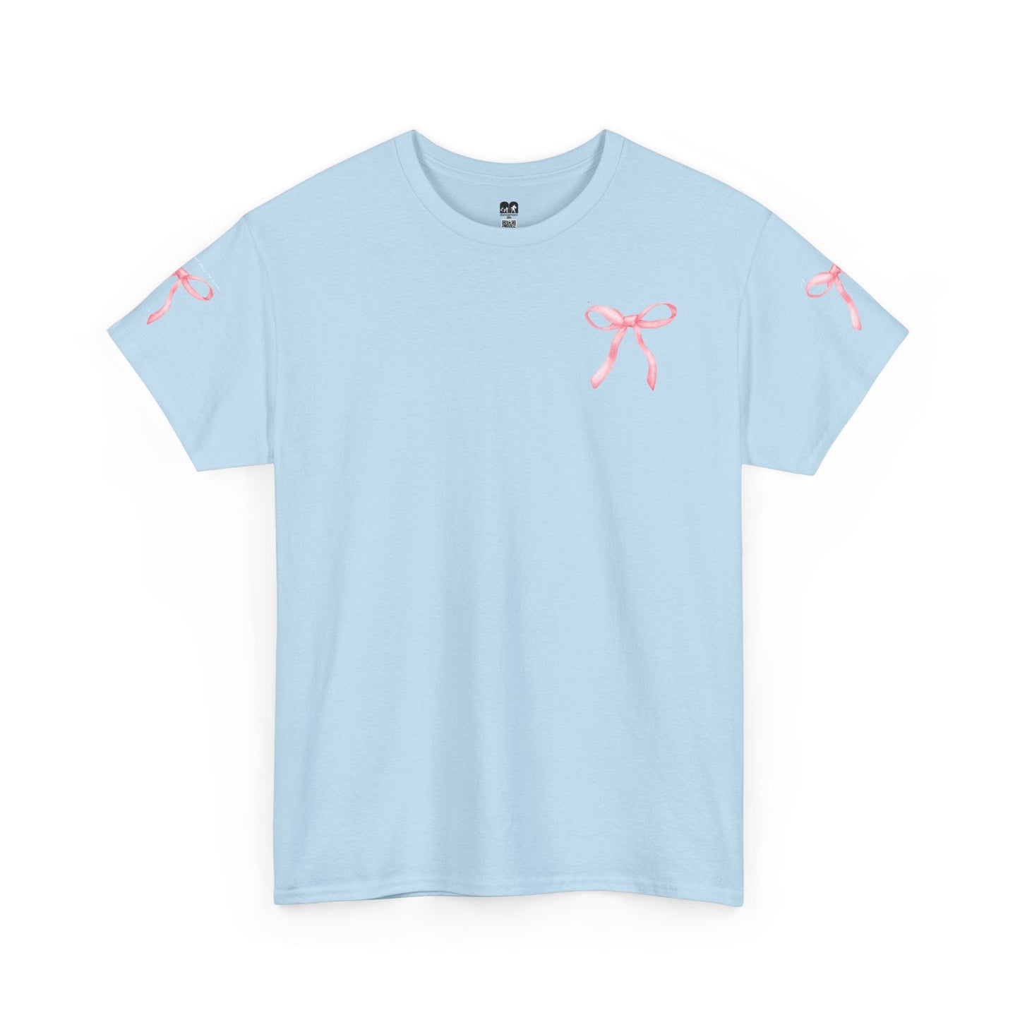 Light blue short-sleeved t-shirt featuring delicate pink ribbon designs on the chest and each sleeve.