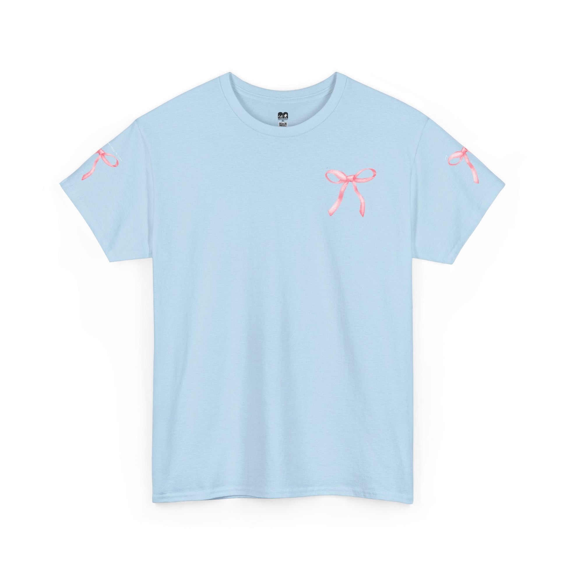 Light blue short-sleeved t-shirt featuring delicate pink ribbon designs on the chest and each sleeve.