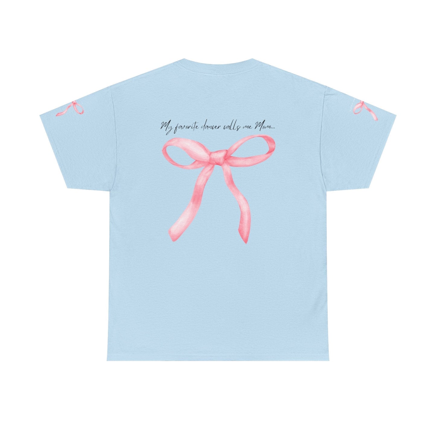 Light blue short-sleeved t-shirt featuring a watercolor-style pink ribbon bow graphic on the back with matching small bows at each sleeve cuff.