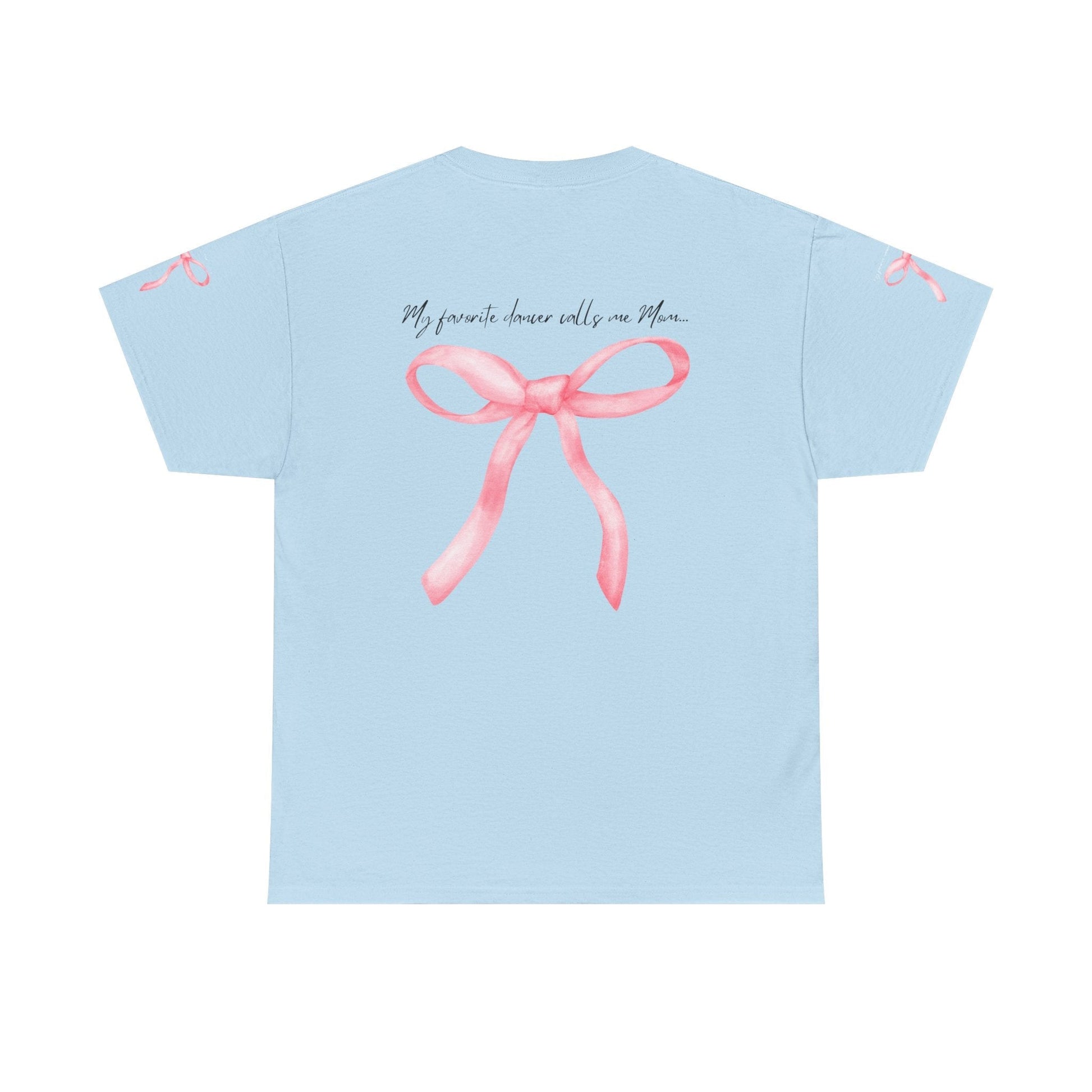 Light blue short-sleeved t-shirt featuring a watercolor-style pink ribbon bow graphic on the back with matching small bows at each sleeve cuff.