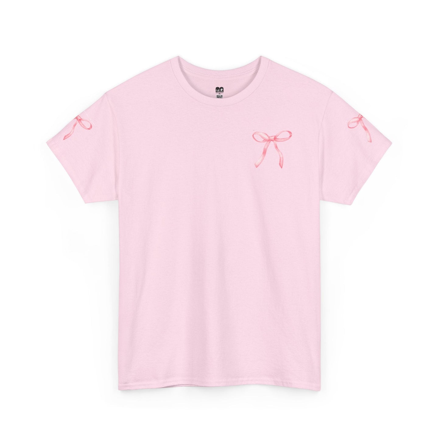 A soft pink cotton t-shirt featuring delicate embroidered bows in a slightly darker shade of pink on the chest and each sleeve.