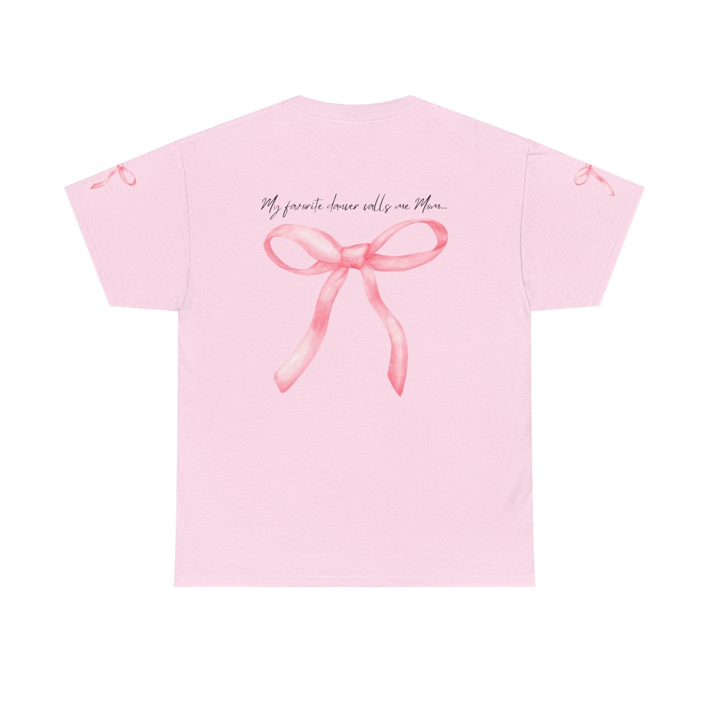 A soft pink short-sleeved t-shirt featuring a watercolor-style bow graphic on the back with matching ribbon details at each sleeve cuff.