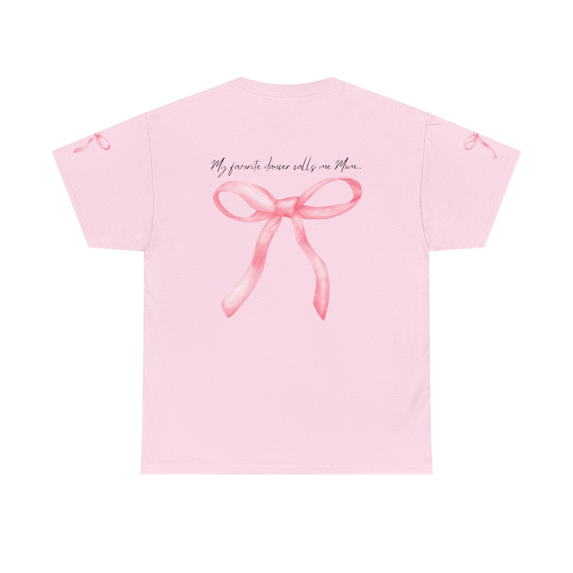 A soft pink short-sleeved t-shirt featuring a watercolor-style bow graphic on the back with matching ribbon details at each sleeve cuff.