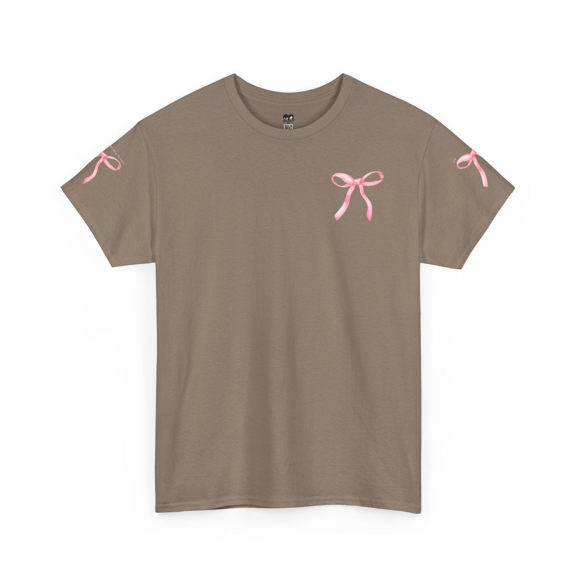 A taupe short-sleeved t-shirt featuring delicate pink ribbon bow prints on the chest and each sleeve.