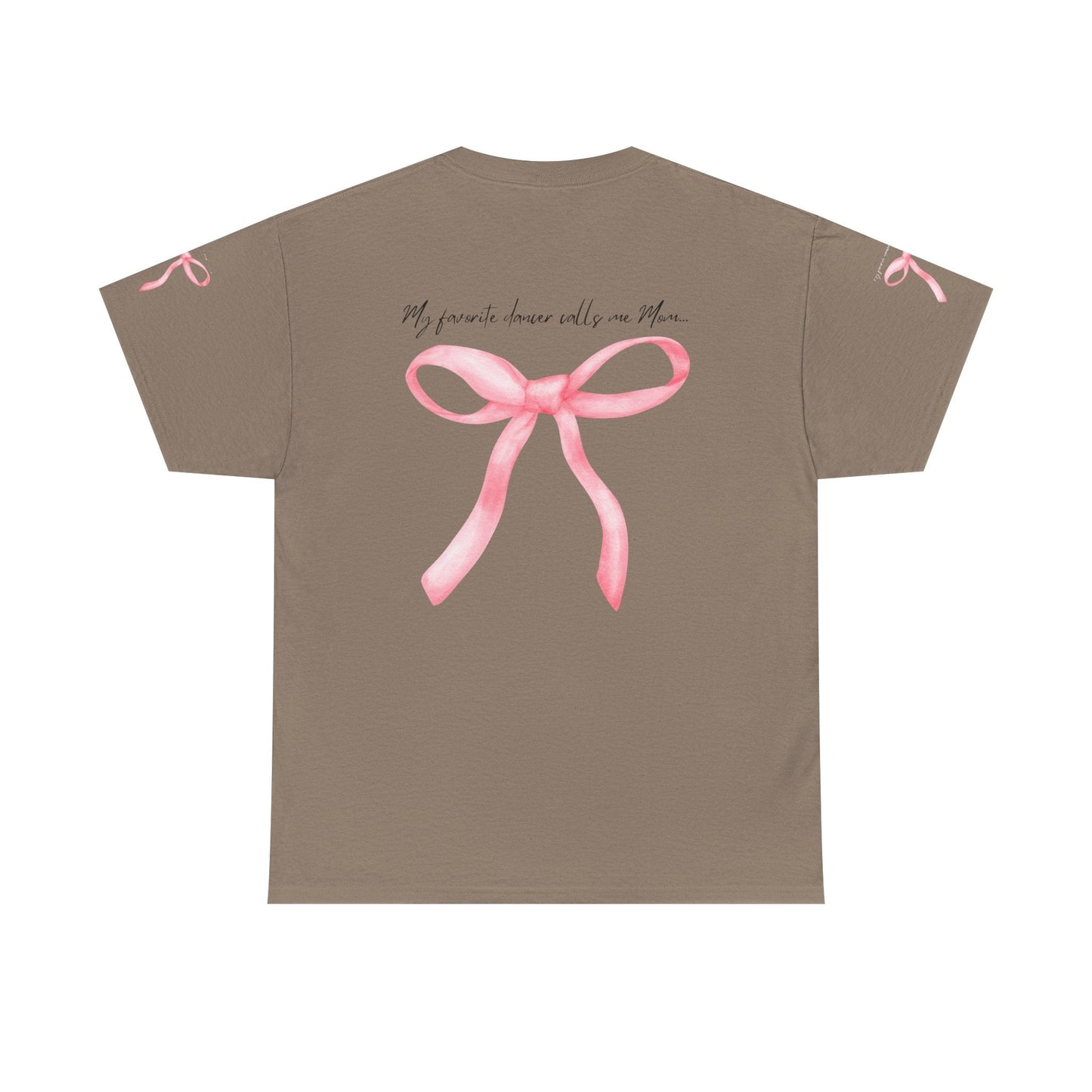 A taupe short-sleeved t-shirt featuring a watercolor-style pink bow graphic on the back with matching small bows at each sleeve cuff.