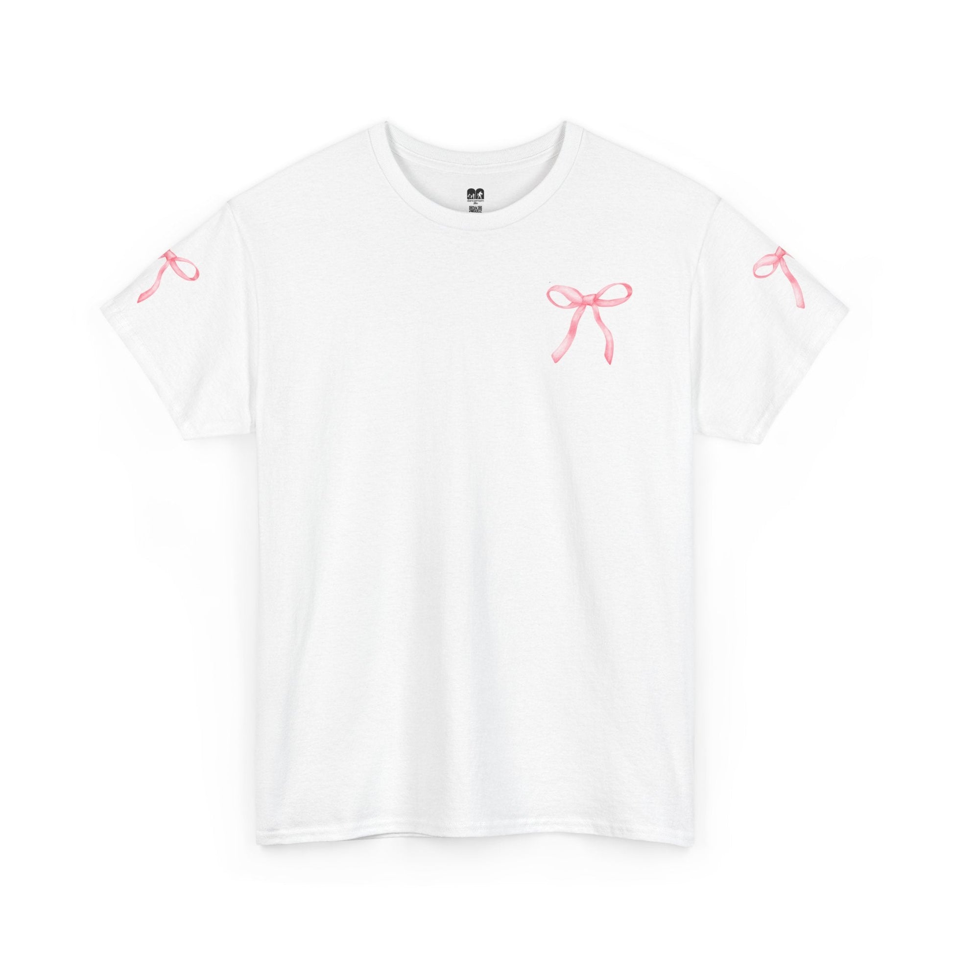 White cotton t-shirt featuring delicate pink ribbon motifs on the chest and sleeves.
