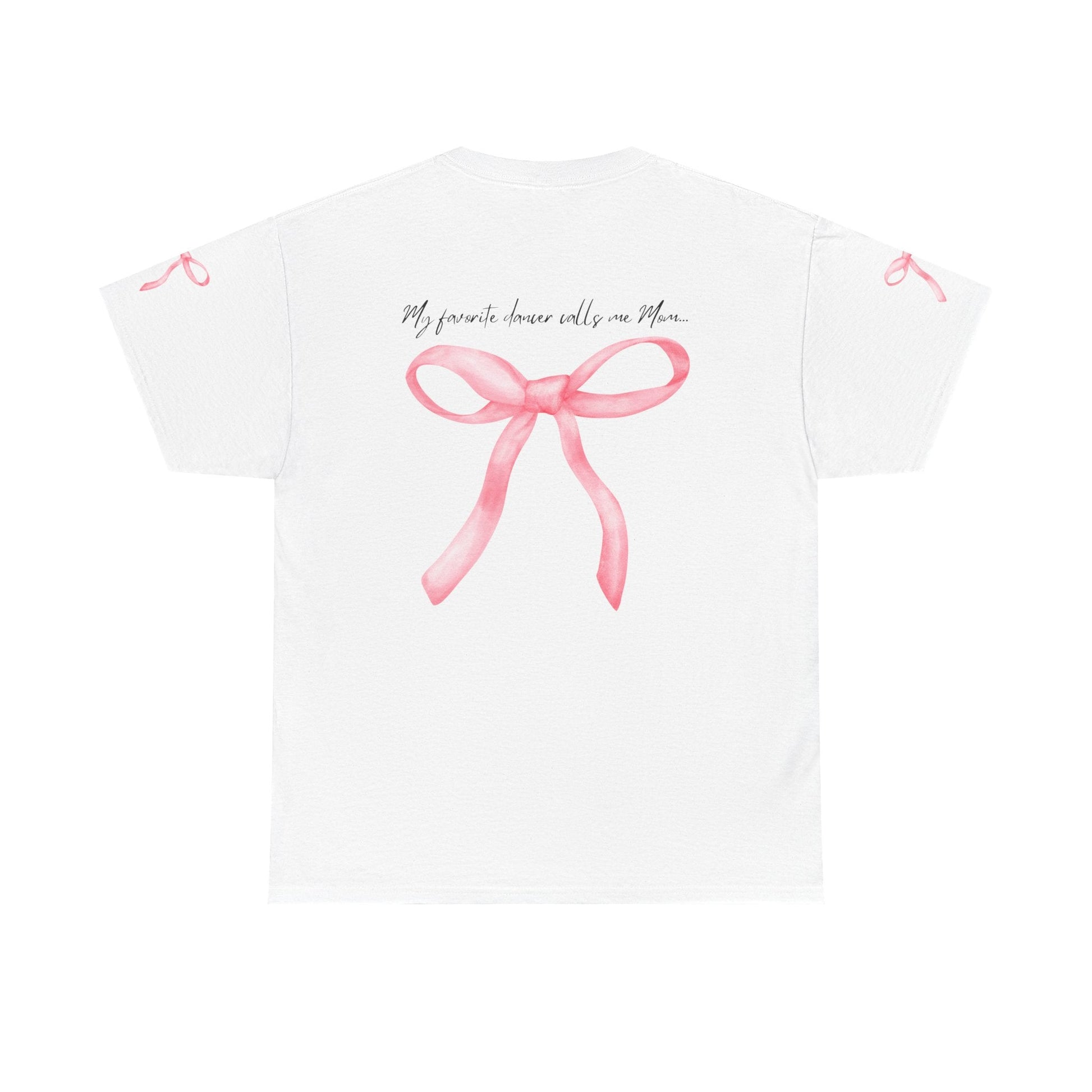 White t-shirt featuring a watercolor-style pink bow graphic on the back with matching small bows at each sleeve cuff.