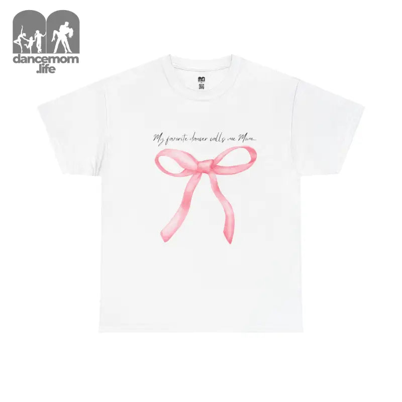 White t-shirt with a pink bow design and text printed on it.