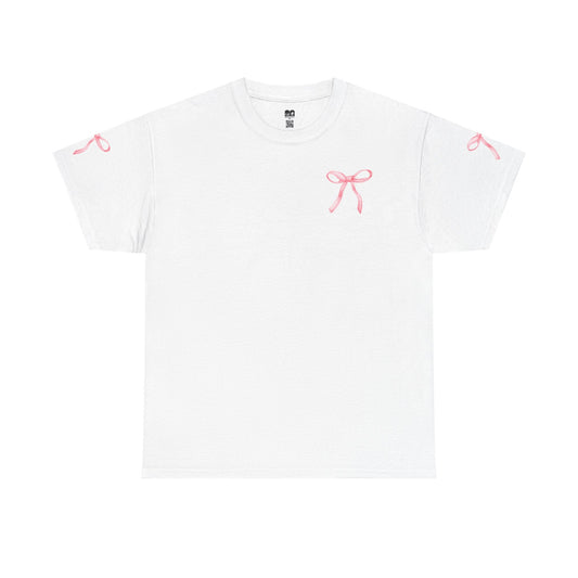 White short-sleeved t-shirt featuring delicate pink ribbon embroidery on the chest and sleeves.