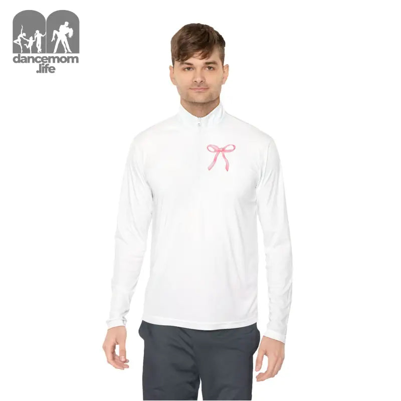 White long-sleeved athletic shirt with a pink bow design on the chest.