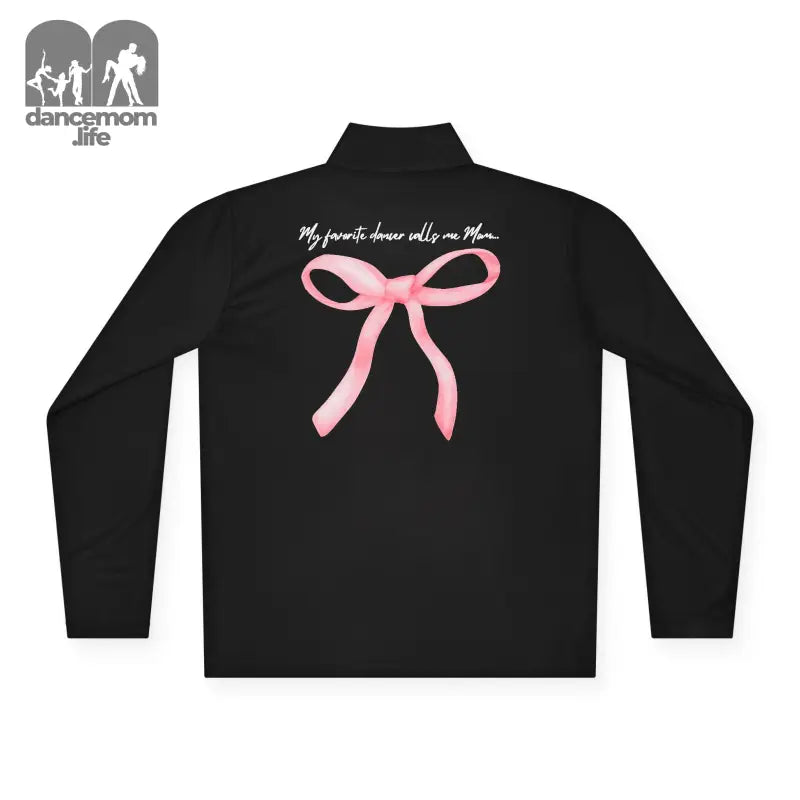 Black jacket with a pink bow design and text on the back.