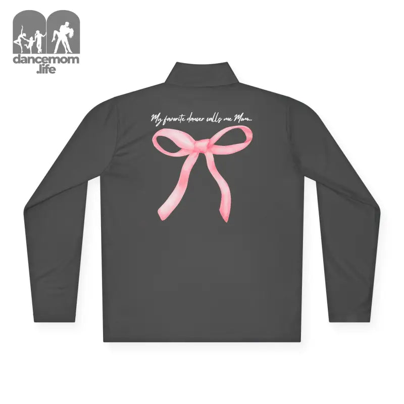 Dark gray jacket with a pink bow design and text on the back.