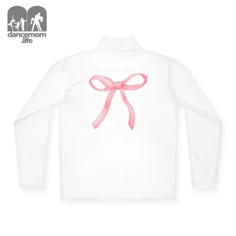 White button-up shirt with a pink bow design on the back.