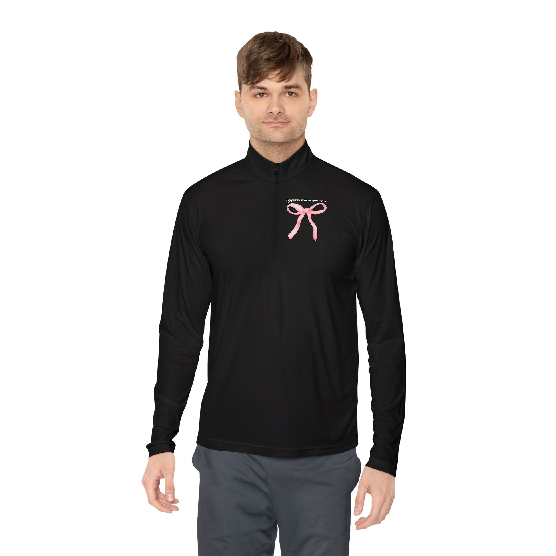 Black long-sleeved quarter-zip athletic shirt with a pink ribbon graphic on the chest.