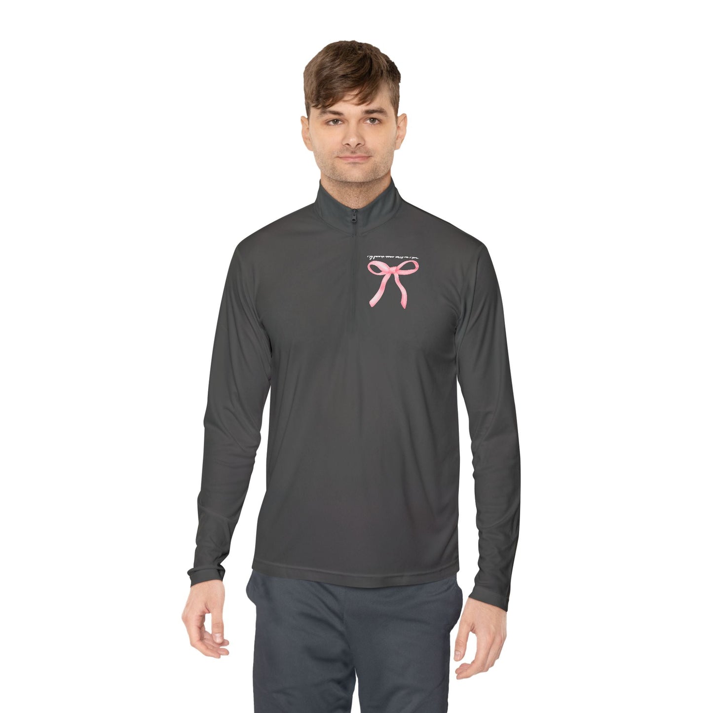 Black long-sleeved quarter-zip athletic shirt with a pink ribbon graphic on the chest.