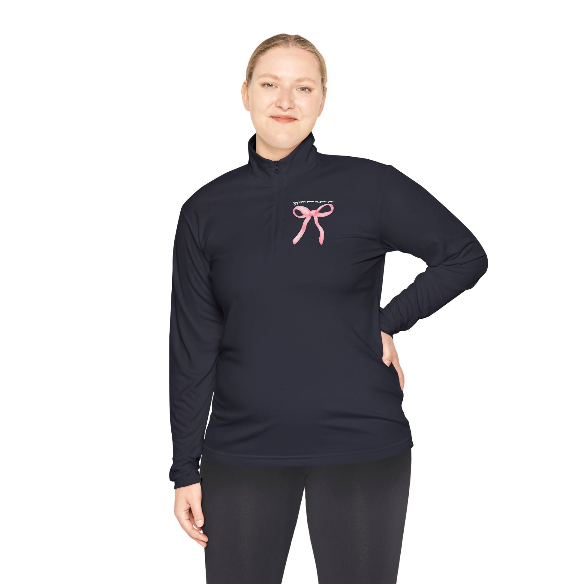 Navy blue long-sleeved athletic top with a pink ribbon graphic on the chest
