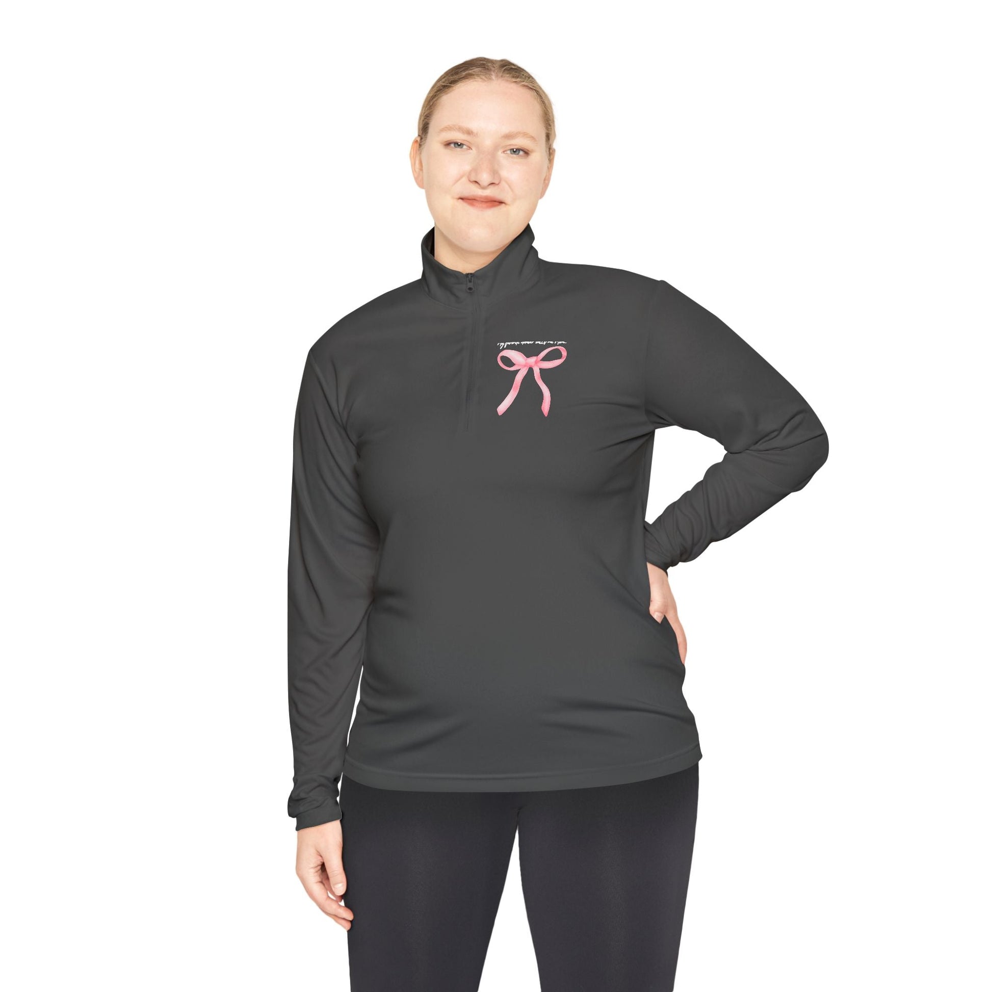Black long-sleeved quarter-zip athletic top with a pink ribbon graphic on the chest