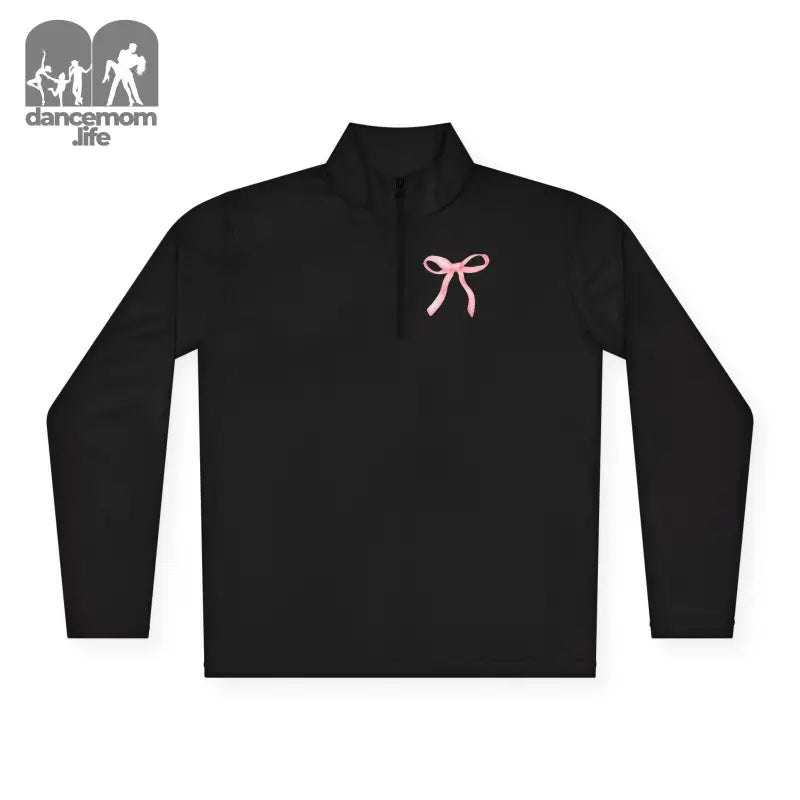 Black quarter-zip pullover with a pink bow embroidered on the chest.