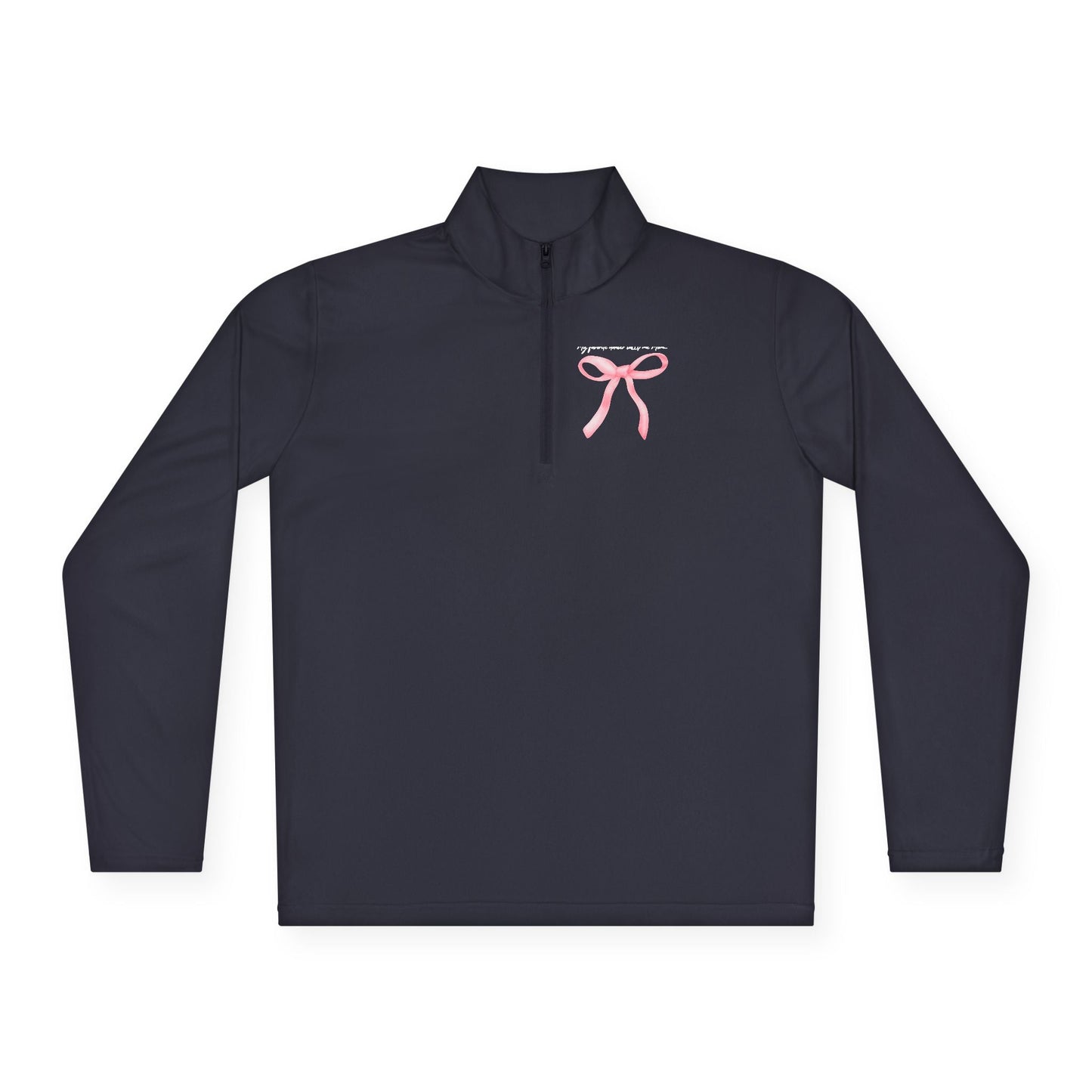 Dark navy long-sleeved quarter-zip pullover with a pink ribbon graphic on the chest.