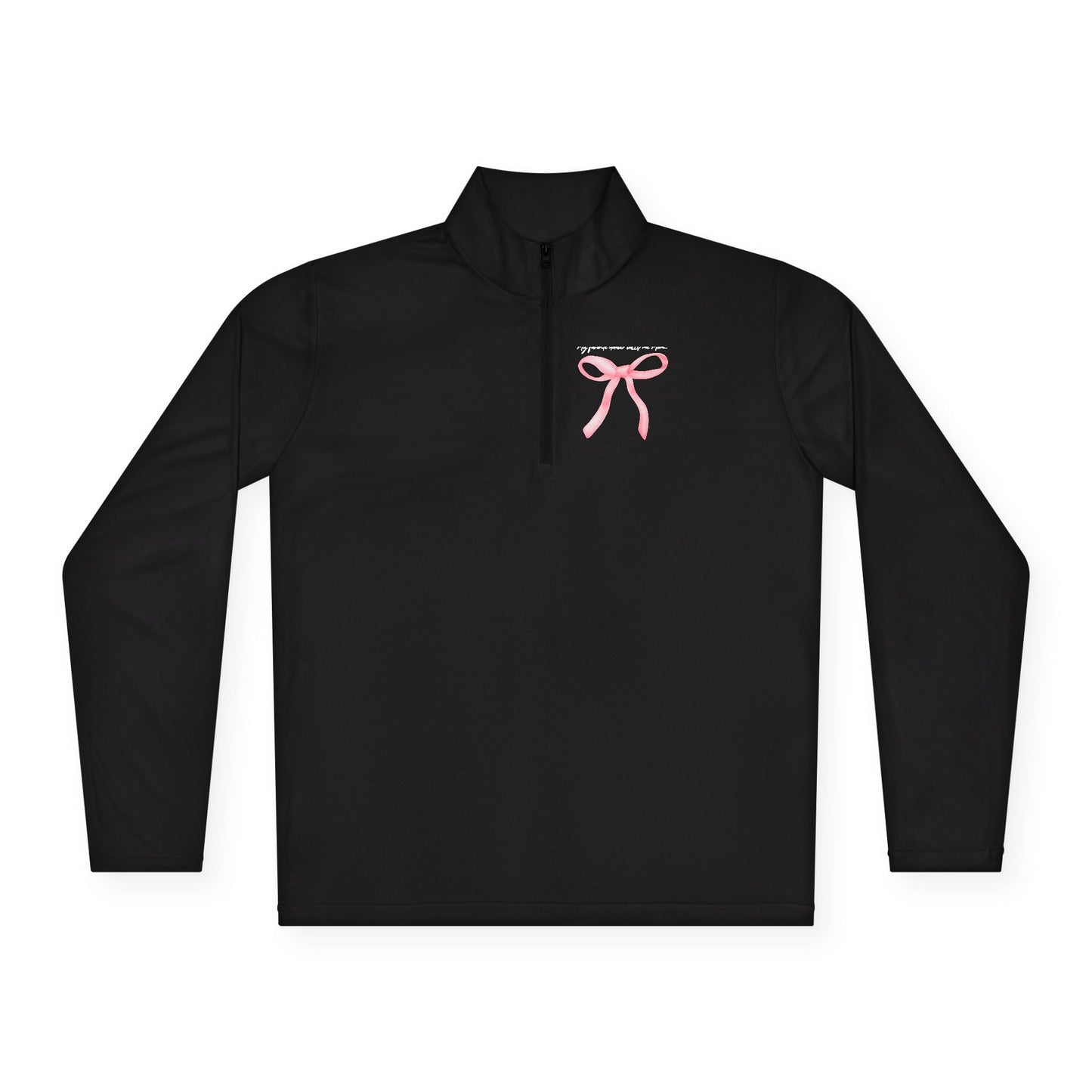 Black long-sleeved quarter-zip pullover with a pink ribbon graphic embroidered on the chest.