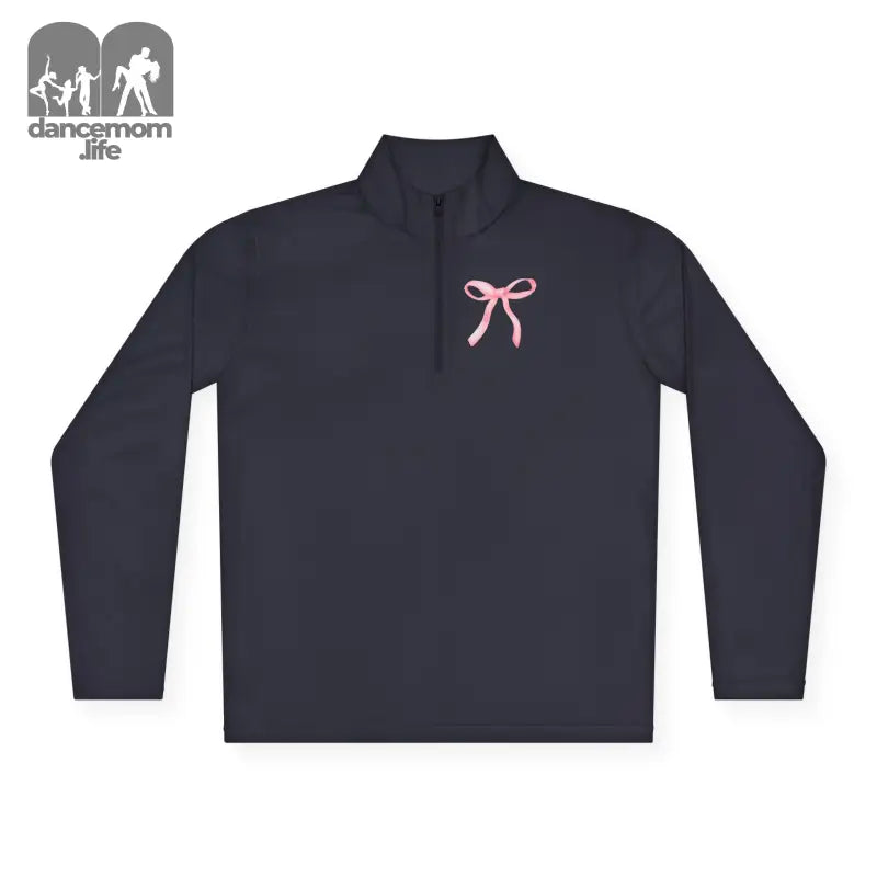 Black quarter-zip pullover with a pink bow design on the chest.