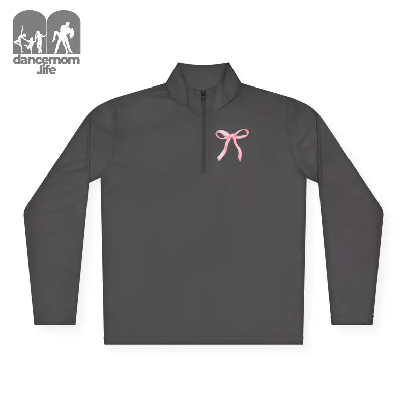 Dark gray quarter-zip pullover with a pink bow design on the chest.