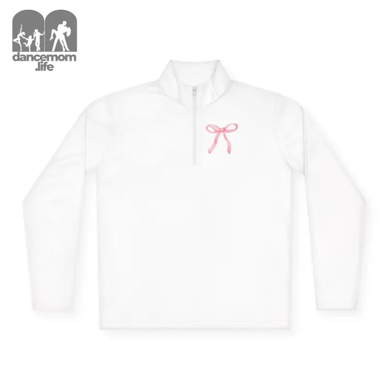 White quarter-zip pullover with a pink bow embroidered on the chest.