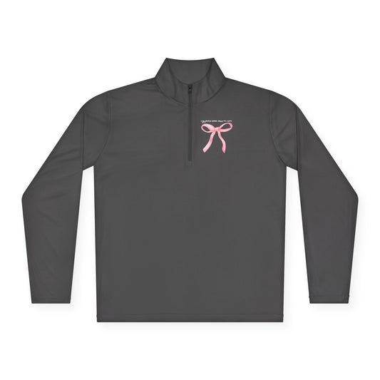 Dark gray long-sleeved quarter-zip athletic shirt with a pink ribbon graphic on the chest.