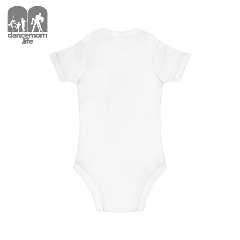 White cotton baby onesie with short sleeves.