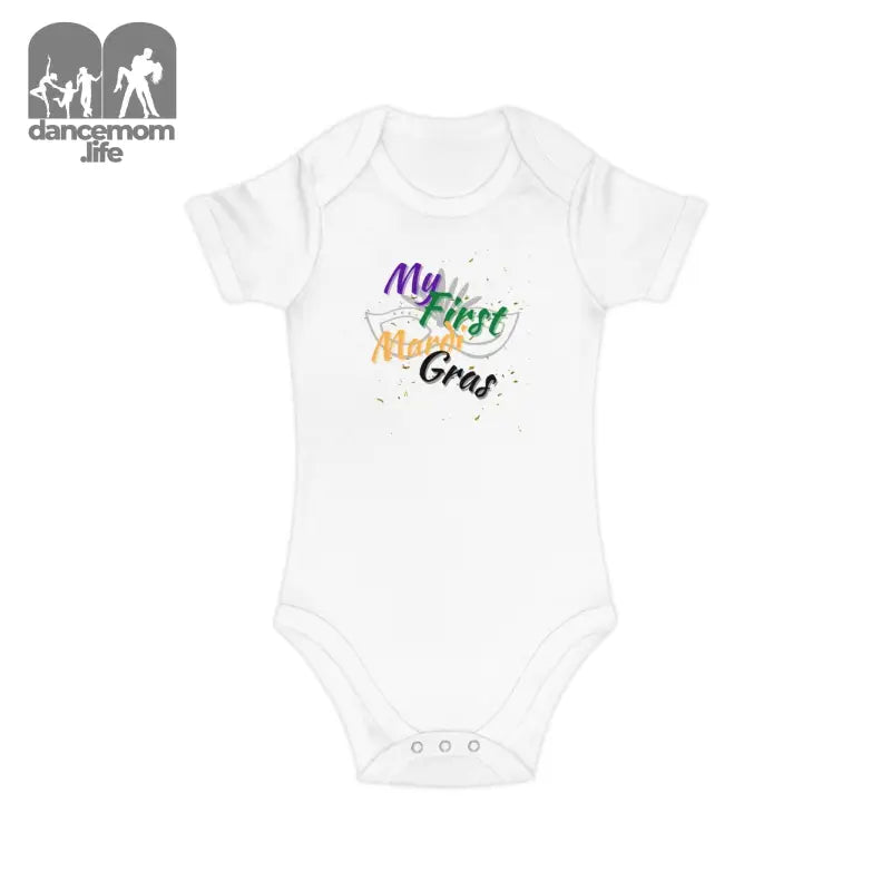 White baby onesie with colorful ’My First Mardi Gras’ text printed on it.