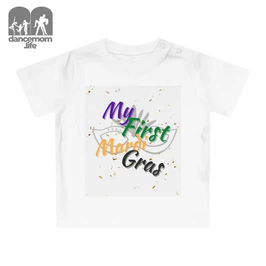 White t-shirt with colorful ’My First Mardi Gras’ text design.