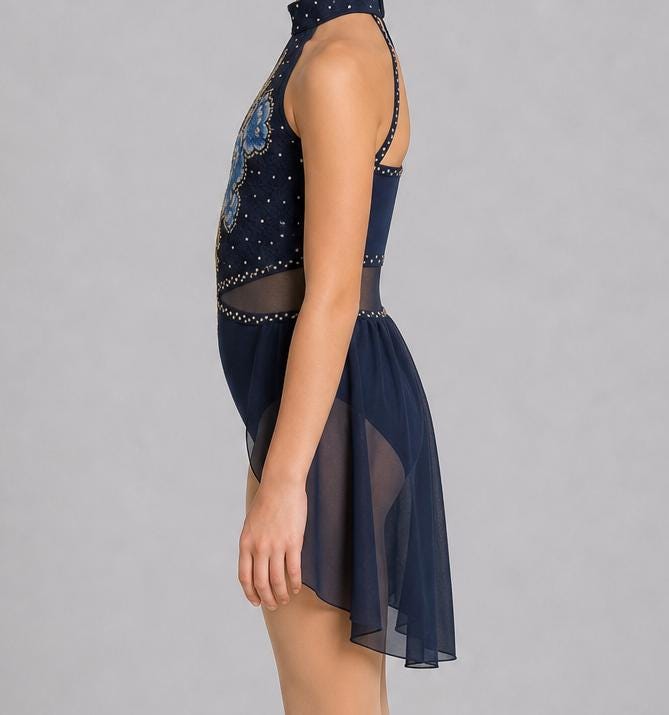 Navy Blue Lace Dance Costume with Floral Appliqués & Rhinestones | Child Small | Lyrical Contemporary Performance Dress - "Midnight Bloom"