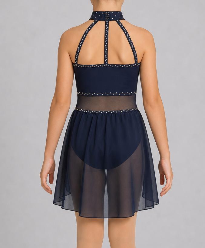 Navy Blue Lace Dance Costume with Floral Appliqués & Rhinestones | Child Small | Lyrical Contemporary Performance Dress - "Midnight Bloom"