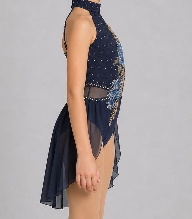 Navy Blue Lace Dance Costume with Floral Appliqués & Rhinestones | Child Small | Lyrical Contemporary Performance Dress - "Midnight Bloom"
