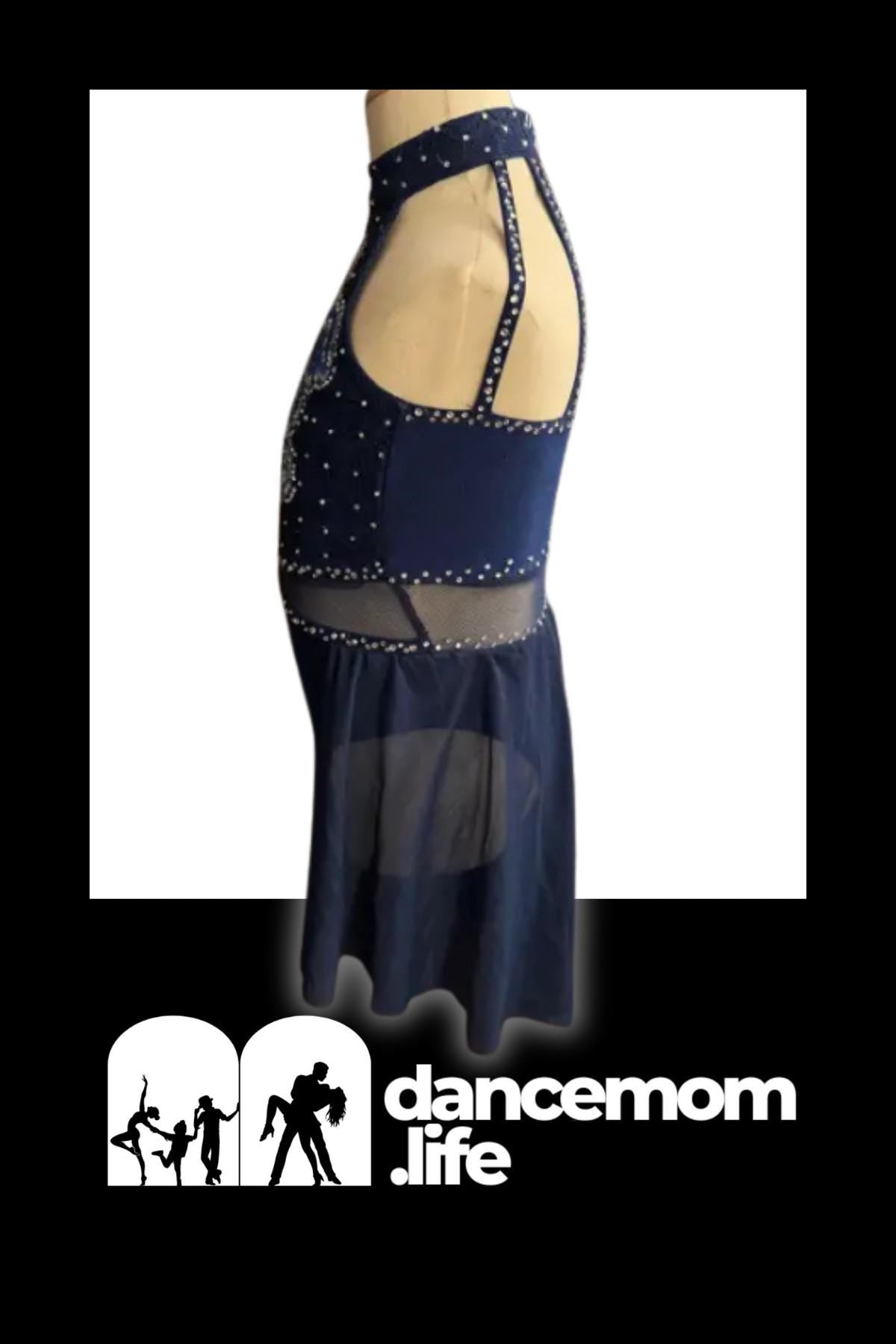 Navy Blue Lace Dance Costume with Floral Appliqués & Rhinestones | Child Small | Lyrical Contemporary Performance Dress - "Midnight Bloom"