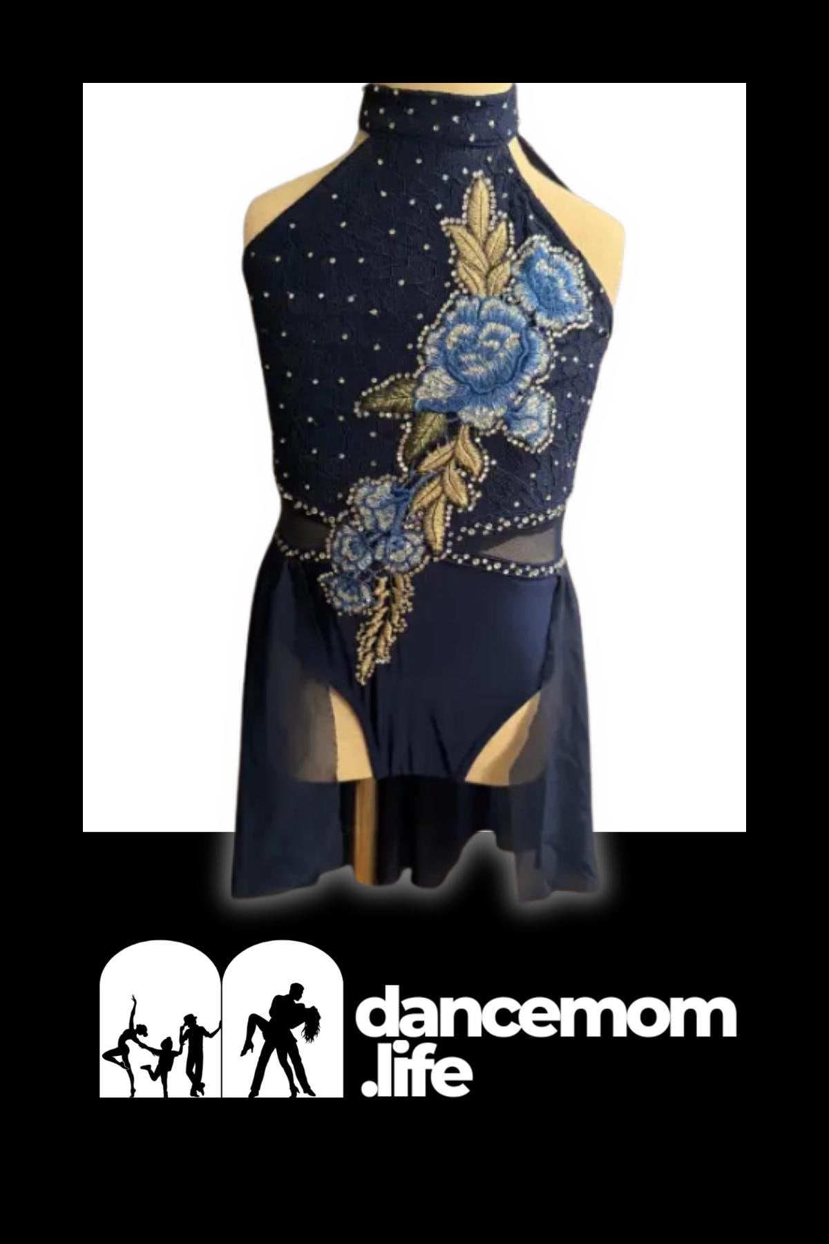 Navy Blue Lace Dance Costume with Floral Appliqués & Rhinestones | Child Small | Lyrical Contemporary Performance Dress - "Midnight Bloom"