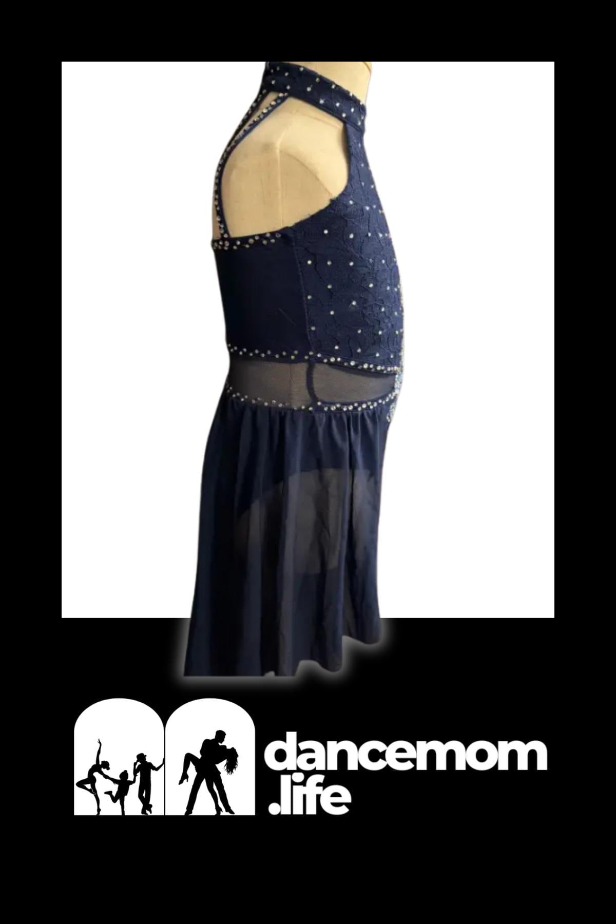 Navy Blue Lace Dance Costume with Floral Appliqués & Rhinestones | Child Small | Lyrical Contemporary Performance Dress - "Midnight Bloom"