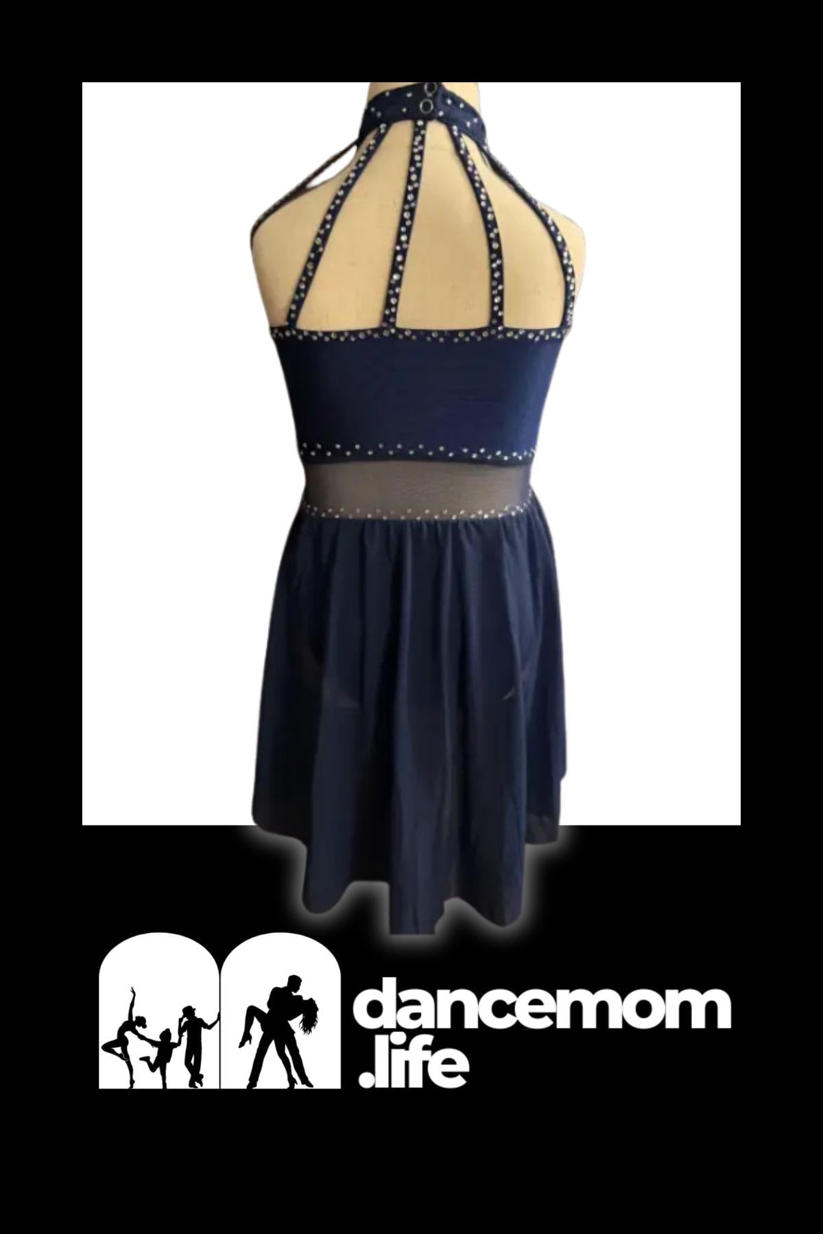 Navy Blue Lace Dance Costume with Floral Appliqués & Rhinestones | Child Small | Lyrical Contemporary Performance Dress - "Midnight Bloom"