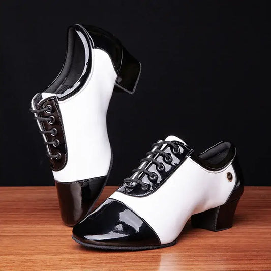 Black and white patent leather dance shoes.