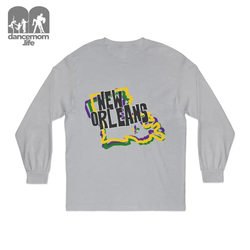 Grey long-sleeve t-shirt with ’New Orleans’ text inside a Louisiana state shape design.