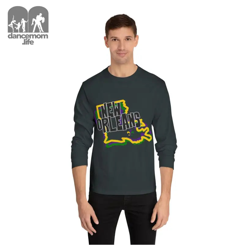 Dark gray long-sleeve t-shirt featuring ’New Orleans’ text with Louisiana state outline in yellow and green.