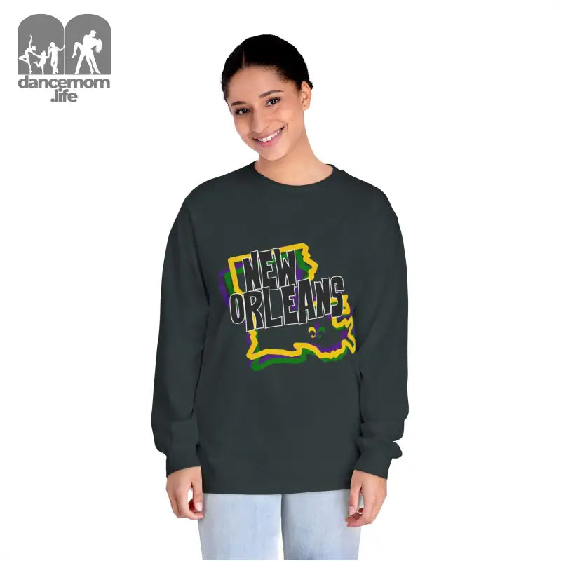 Dark gray sweatshirt with ’New Orleans’ text and Louisiana state outline design in yellow and blue colors.