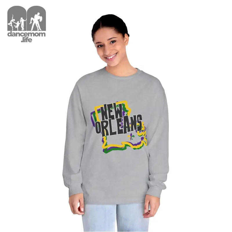 Grey sweatshirt featuring ’New Orleans’ text design with Mardi Gras colors and Louisiana state shape.