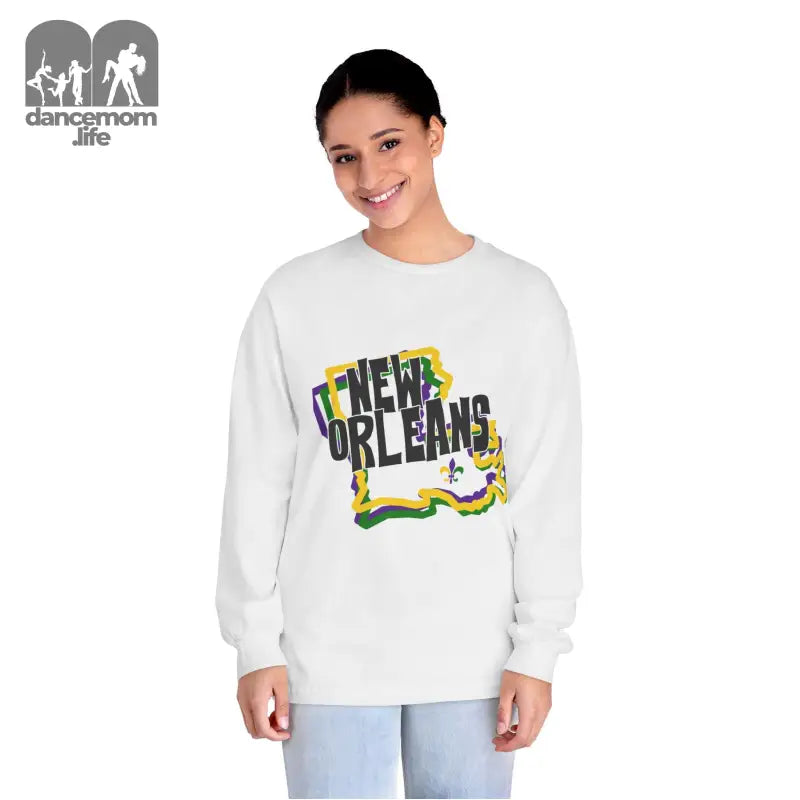 White sweatshirt with ’New Orleans’ text and colorful Louisiana state design.