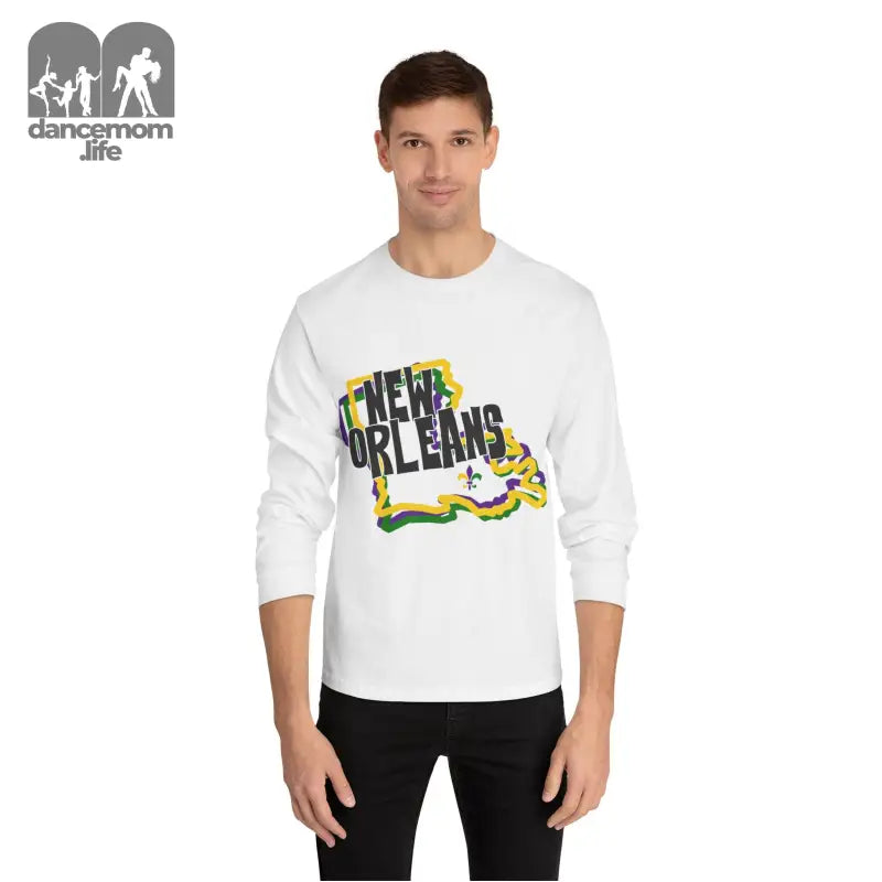 White long-sleeve t-shirt with ’New Orleans’ text design in black and yellow colors shaped like Louisiana state.