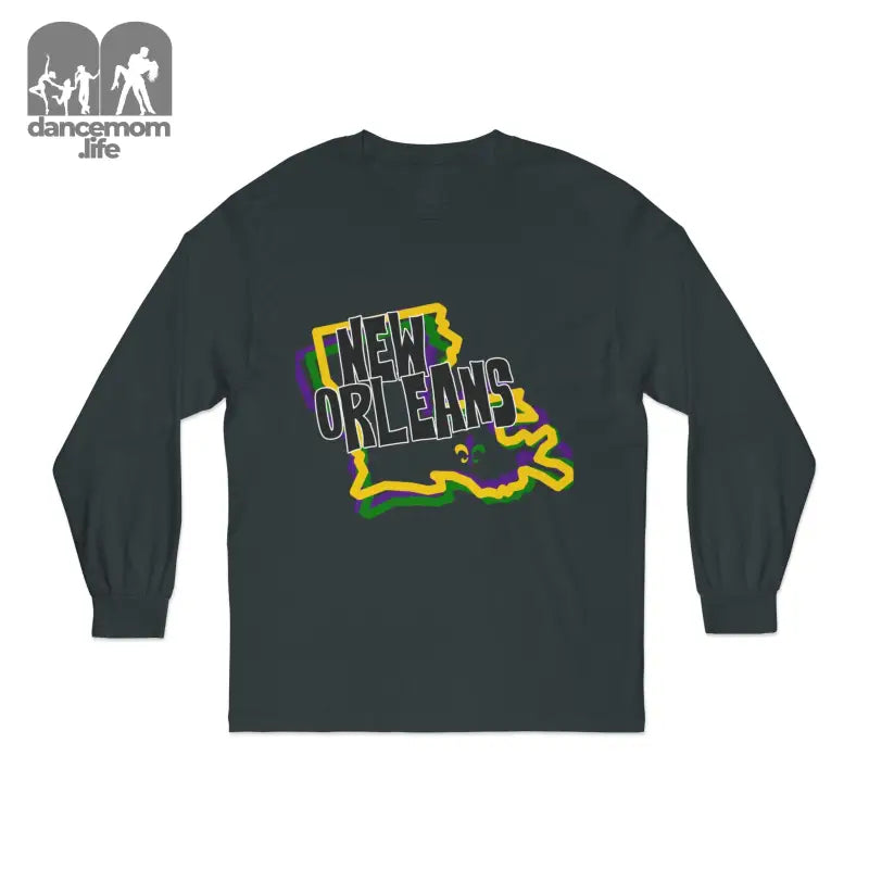 Dark gray long-sleeve t-shirt with ’New Orleans’ text inside a Louisiana state outline graphic.