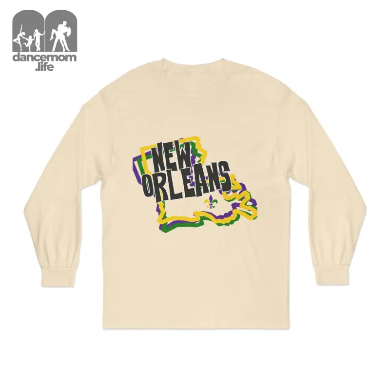 Cream-colored long sleeve t-shirt with ’New Orleans’ text shaped like Louisiana in green, black and yellow colors.