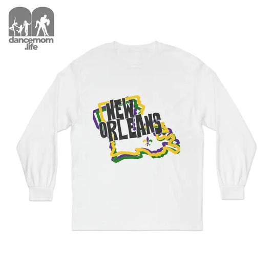 White long-sleeve t-shirt with ’New Orleans’ text shaped like Louisiana in green and yellow colors.